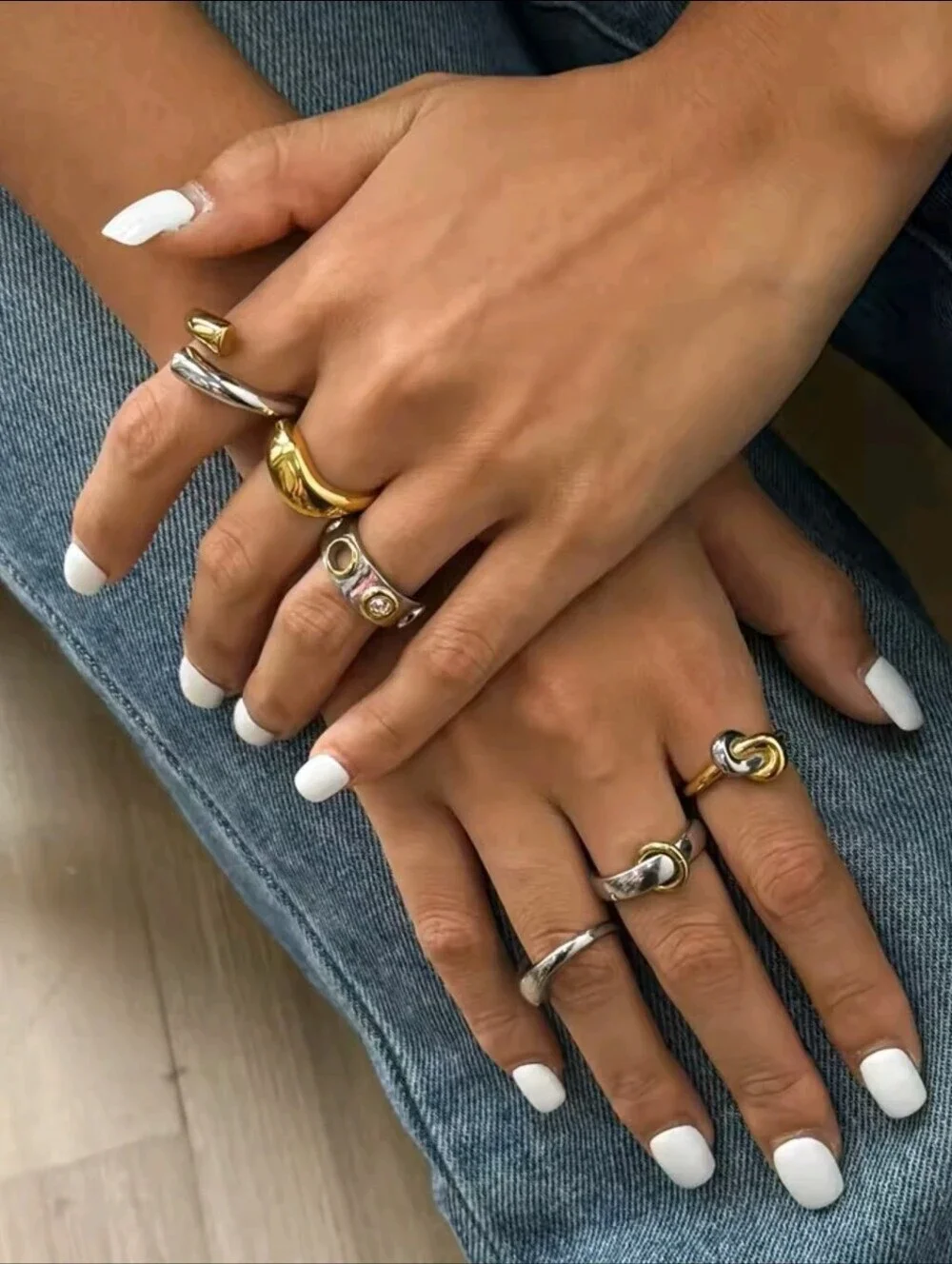 Silver Band Ring with Gold Bezel and Clear Crystal